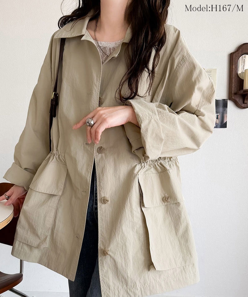 《java ジャバコラボ》 アウター ジャケット レディース ウエストドロスト ミドル丈 ジャケットコート ナイロンワッシャー素材 ゆったりシルエット | classicalelf | 12