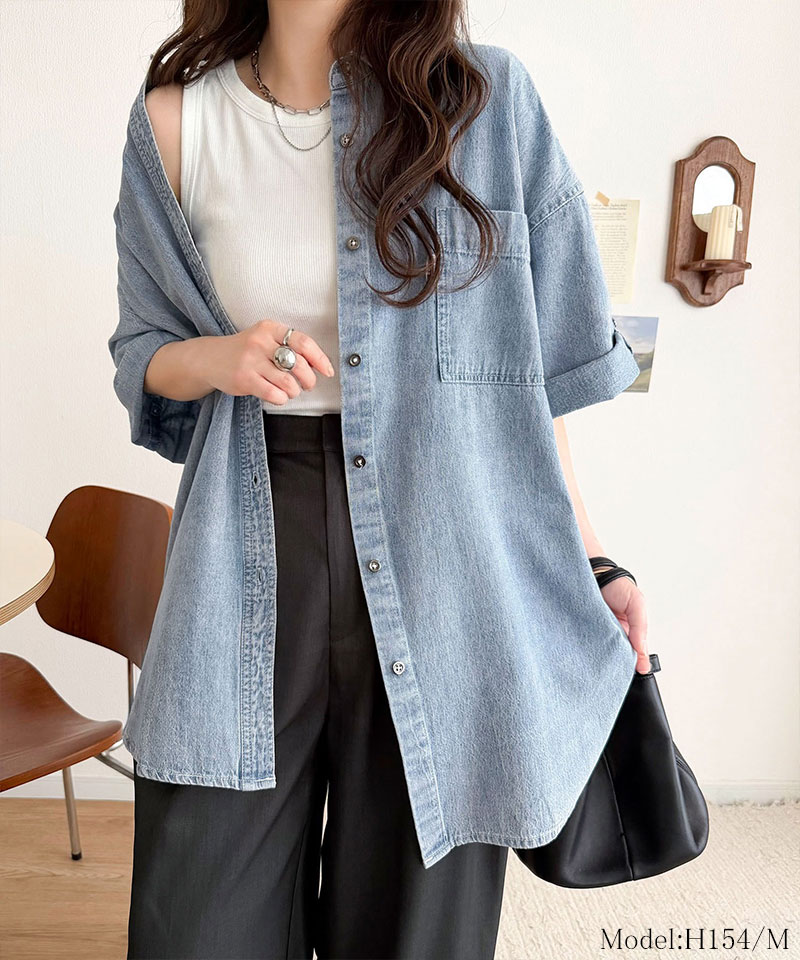 《 java ジャバコラボ 》トップス シャツ レディース 綿 100％ ライトオンス デニム素材 袖 ロールアップ シャツ 半袖 大きいサイズ 春 夏 2026ss | classicalelf | 12