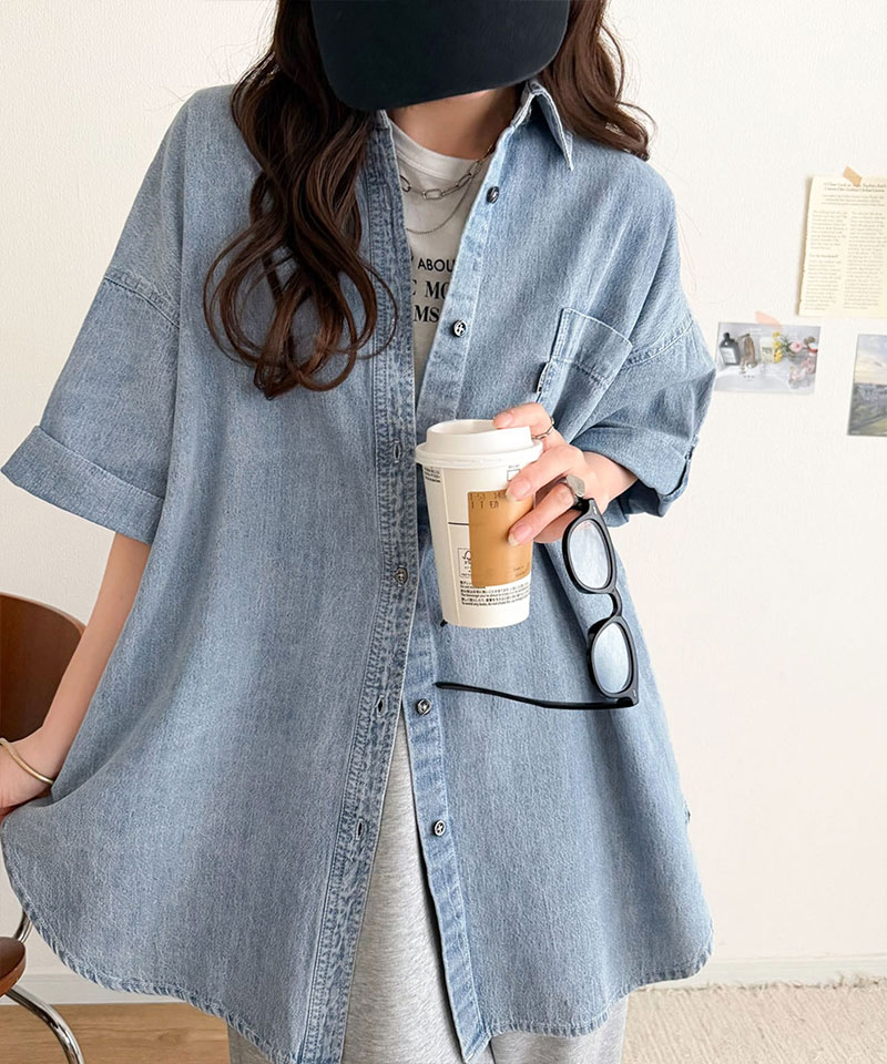 《 java ジャバコラボ 》トップス シャツ レディース 綿 100％ ライトオンス デニム素材 袖 ロールアップ シャツ 半袖 大きいサイズ 春 夏 2026ss | classicalelf | 13