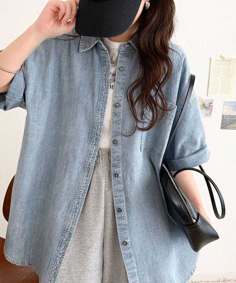 《 java ジャバコラボ 》トップス シャツ レディース 綿 100％ ライトオンス デニム素材 袖 ロールアップ シャツ 半袖 大きいサイズ 春 夏 2026ss | classicalelf | 14