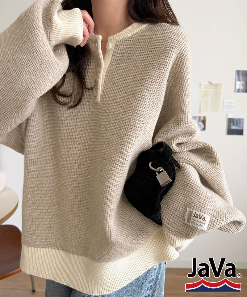 《JaVaジャバコラボ》ふっくら、袖たっぽり。ワッフル編みヘンリーネックオーバーサイズ配色ニット JaVa クラシカルエルフ jv1350022 | classicalelf