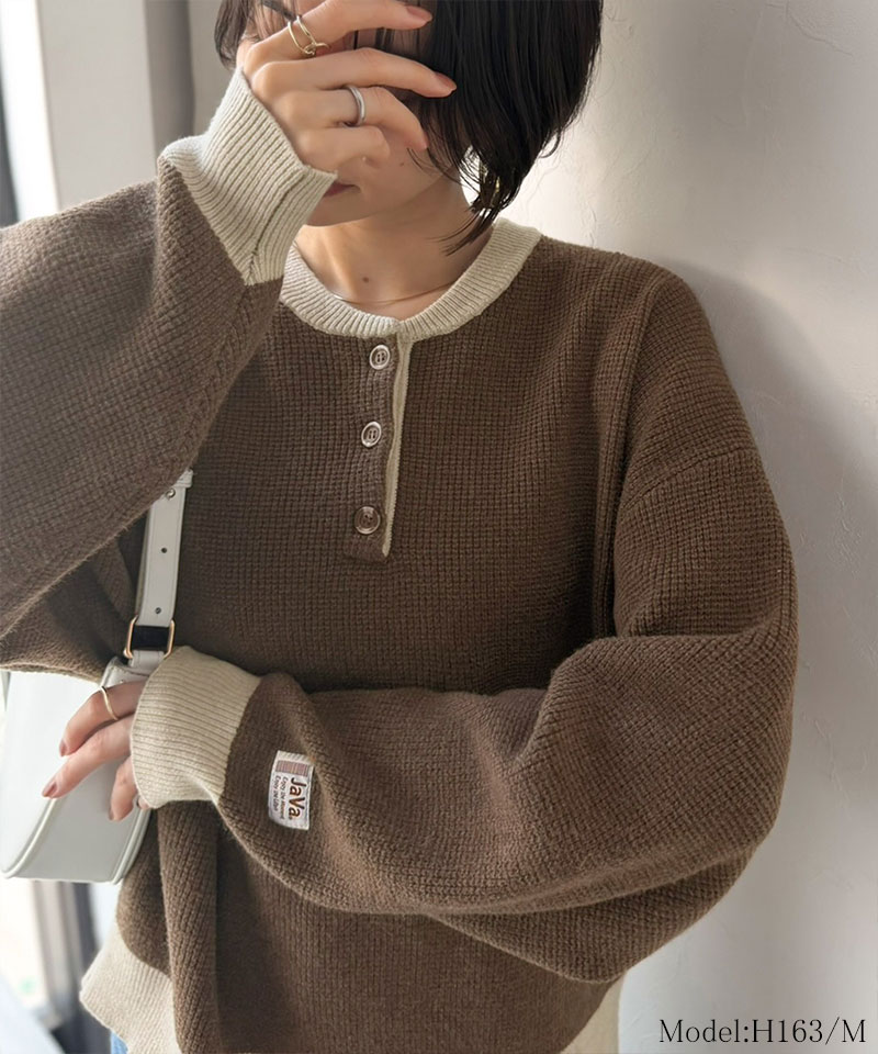 《JaVaジャバコラボ》ふっくら、袖たっぽり。ワッフル編みヘンリーネックオーバーサイズ配色ニット JaVa クラシカルエルフ jv1350022 | classicalelf | 09