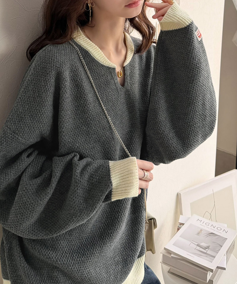 《JaVaジャバコラボ》ざっくり×配色が旬顔。配色スキッパーオーバーサイズ鹿の子編みニット（長袖） JaVa クラシカルエルフ jv1410040 | classicalelf | 10