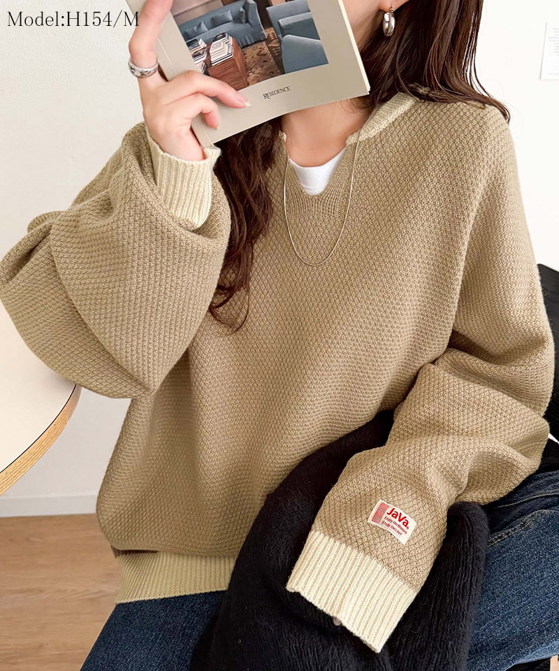 《JaVaジャバコラボ》ざっくり×配色が旬顔。配色スキッパーオーバーサイズ鹿の子編みニット（長袖） JaVa クラシカルエルフ jv1410040 | classicalelf | 15