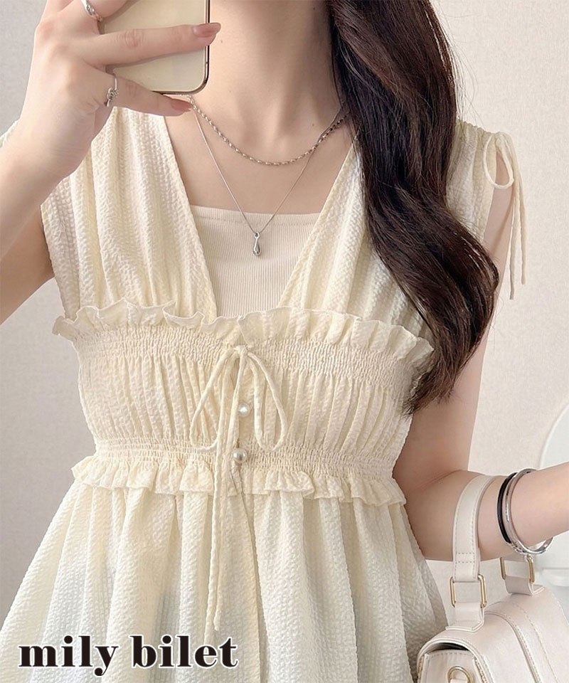 【mily bilet】ブラウス レディース フリル トップス ノースリーブ リボンギャザー ベスト 大人可愛い | classicalelf