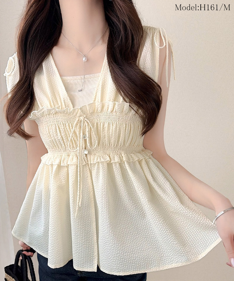 【mily bilet】ブラウス レディース フリル トップス ノースリーブ リボンギャザー ベスト 大人可愛い | classicalelf | 02