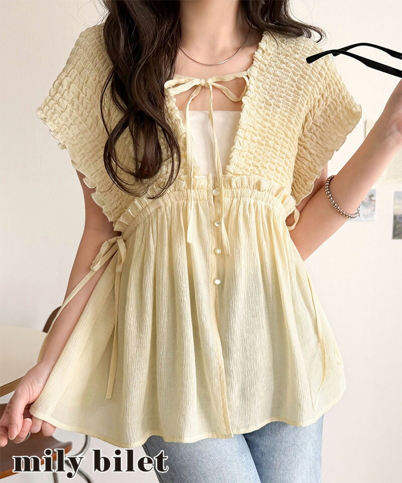 【mily bilet】 ブラウス レディース フリル トップス シアー 楊柳 素材 前後 2way ノースリーブ ギャザー | classicalelf