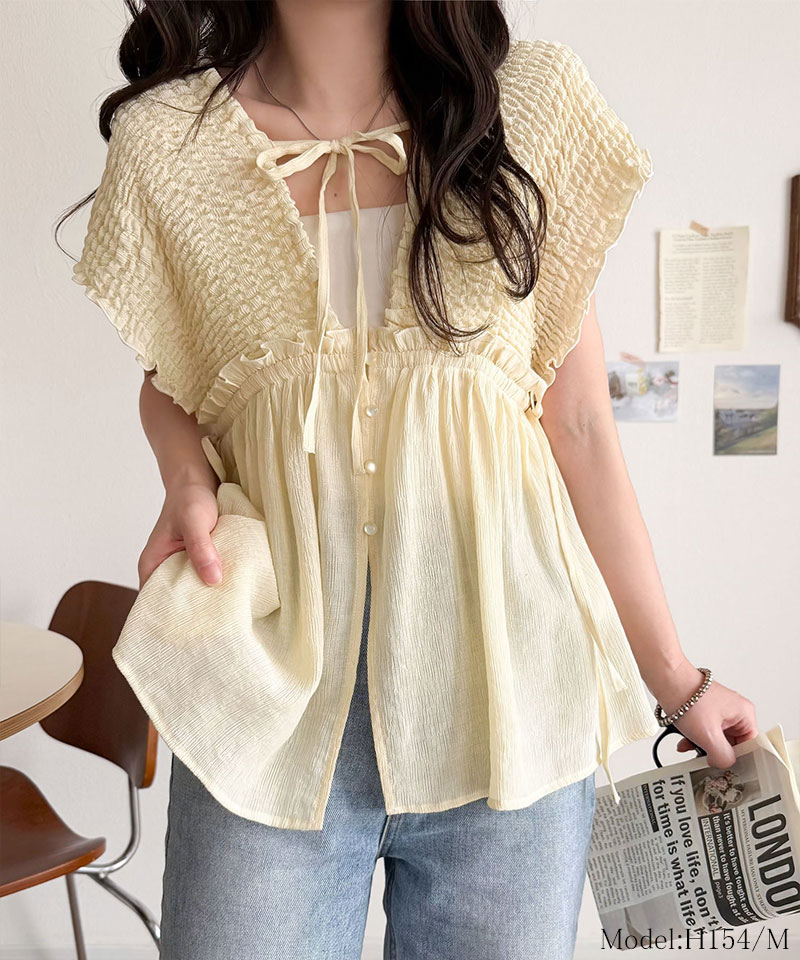 【mily bilet】 ブラウス レディース フリル トップス シアー 楊柳 素材 前後 2way ノースリーブ ギャザー | classicalelf | 02