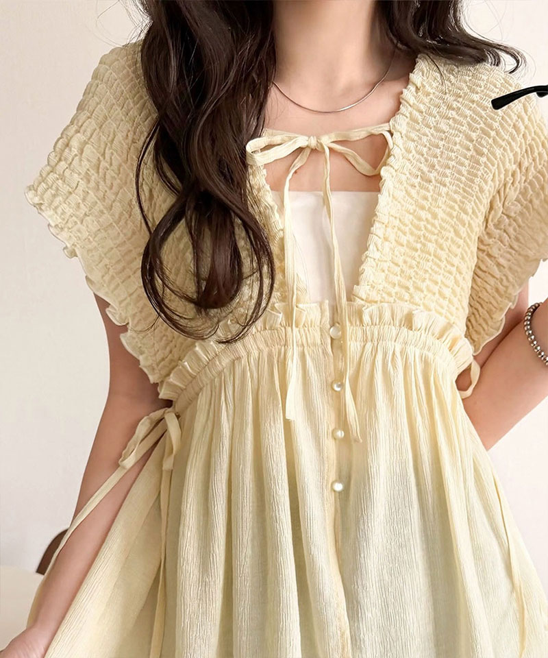 【mily bilet】 ブラウス レディース フリル トップス シアー 楊柳 素材 前後 2way ノースリーブ ギャザー | classicalelf | 03