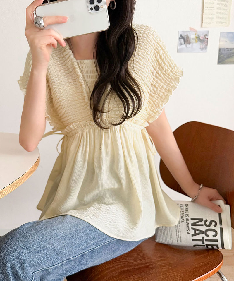 【mily bilet】 ブラウス レディース フリル トップス シアー 楊柳 素材 前後 2way ノースリーブ ギャザー | classicalelf | 04