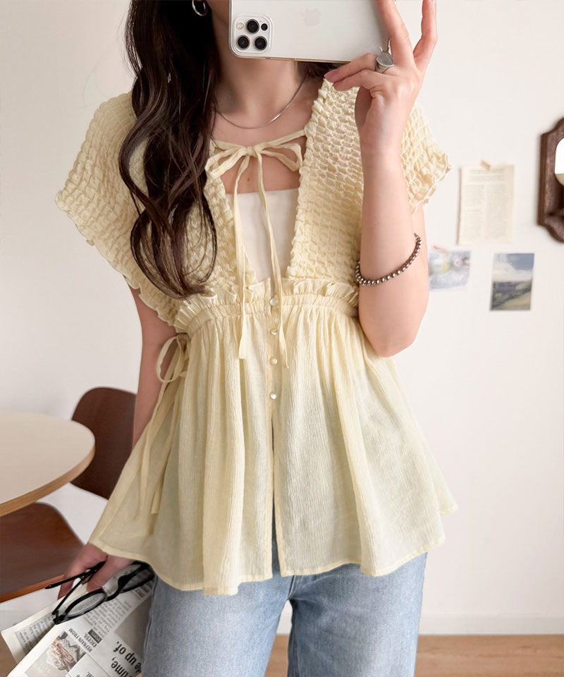 【mily bilet】 ブラウス レディース フリル トップス シアー 楊柳 素材 前後 2way ノースリーブ ギャザー | classicalelf | 06