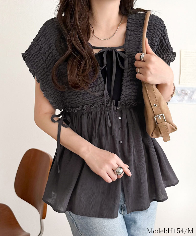 【mily bilet】 ブラウス レディース フリル トップス シアー 楊柳 素材 前後 2way ノースリーブ ギャザー | classicalelf | 07