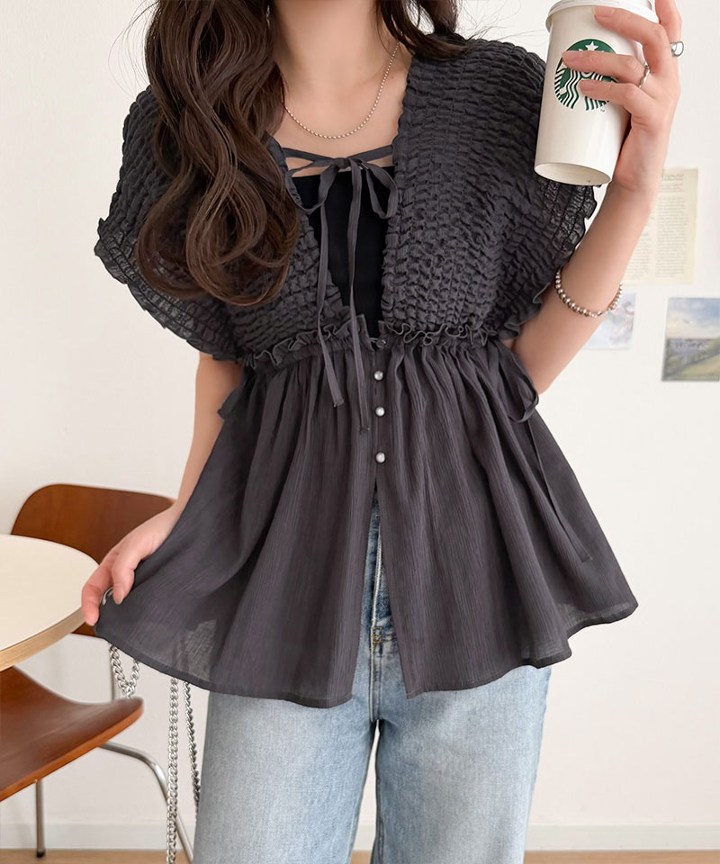 【mily bilet】 ブラウス レディース フリル トップス シアー 楊柳 素材 前後 2way ノースリーブ ギャザー | classicalelf | 08