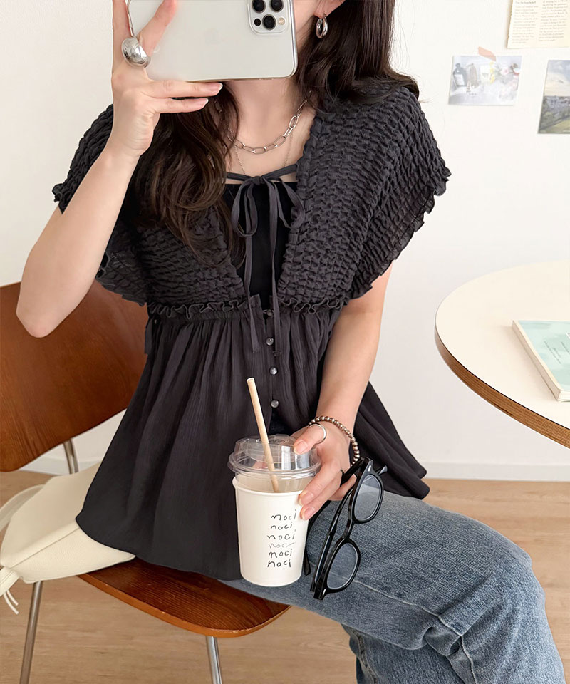 【mily bilet】 ブラウス レディース フリル トップス シアー 楊柳 素材 前後 2way ノースリーブ ギャザー | classicalelf | 10