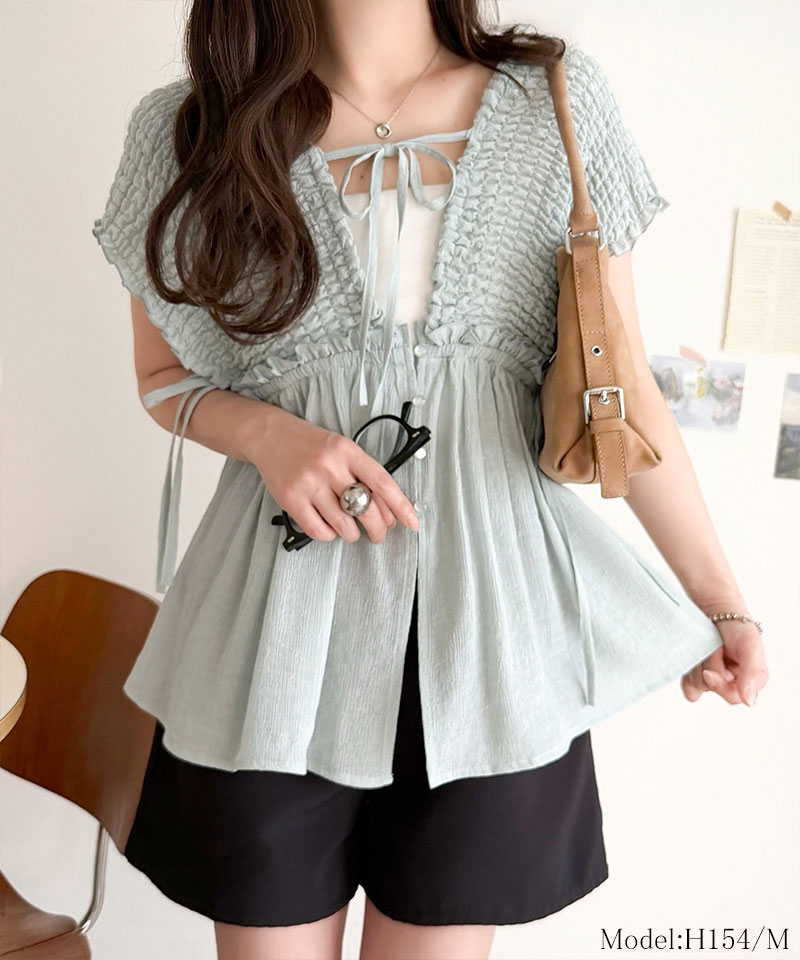 【mily bilet】 ブラウス レディース フリル トップス シアー 楊柳 素材 前後 2way ノースリーブ ギャザー | classicalelf | 13