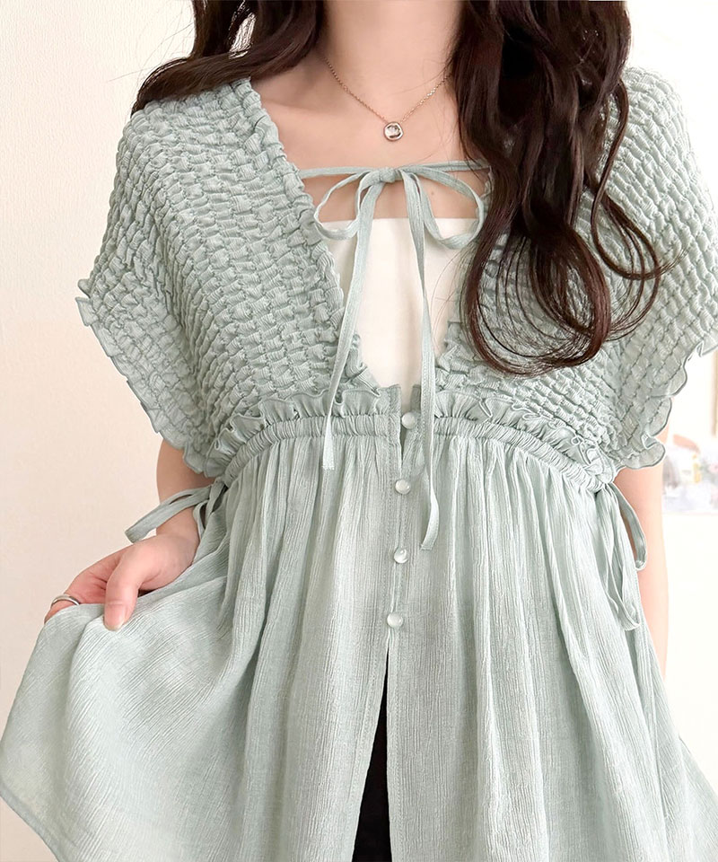 【mily bilet】 ブラウス レディース フリル トップス シアー 楊柳 素材 前後 2way ノースリーブ ギャザー | classicalelf | 14