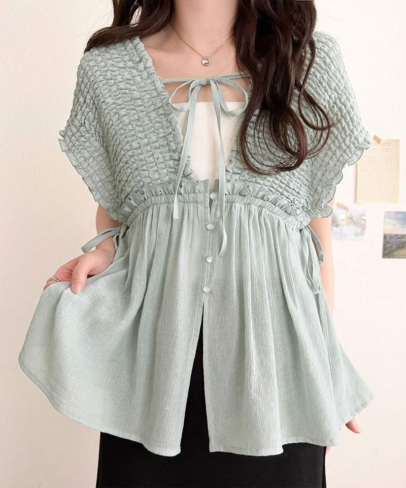 【mily bilet】 ブラウス レディース フリル トップス シアー 楊柳 素材 前後 2way ノースリーブ ギャザー | classicalelf | 15