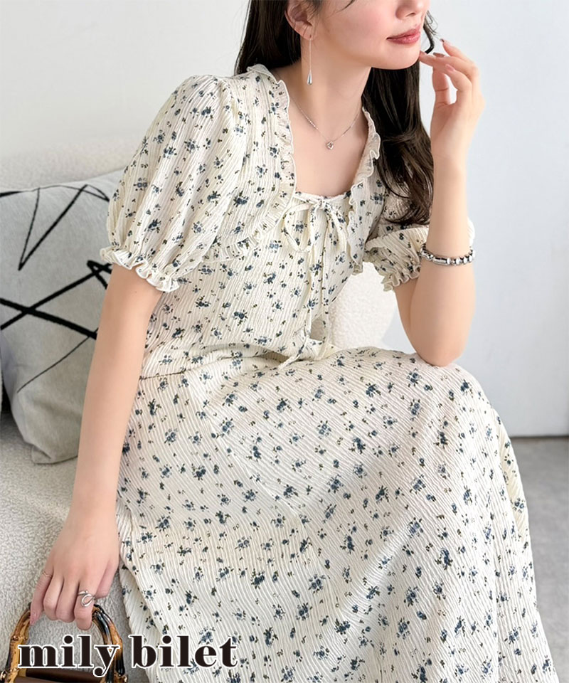 【mily bilet】 ワンピース レディース 春夏 ボレロ 風 レイヤード スタイルアップ リボン 付き パフスリーブ ドッキング ワンピ ロング丈 大きいサイズ | classicalelf