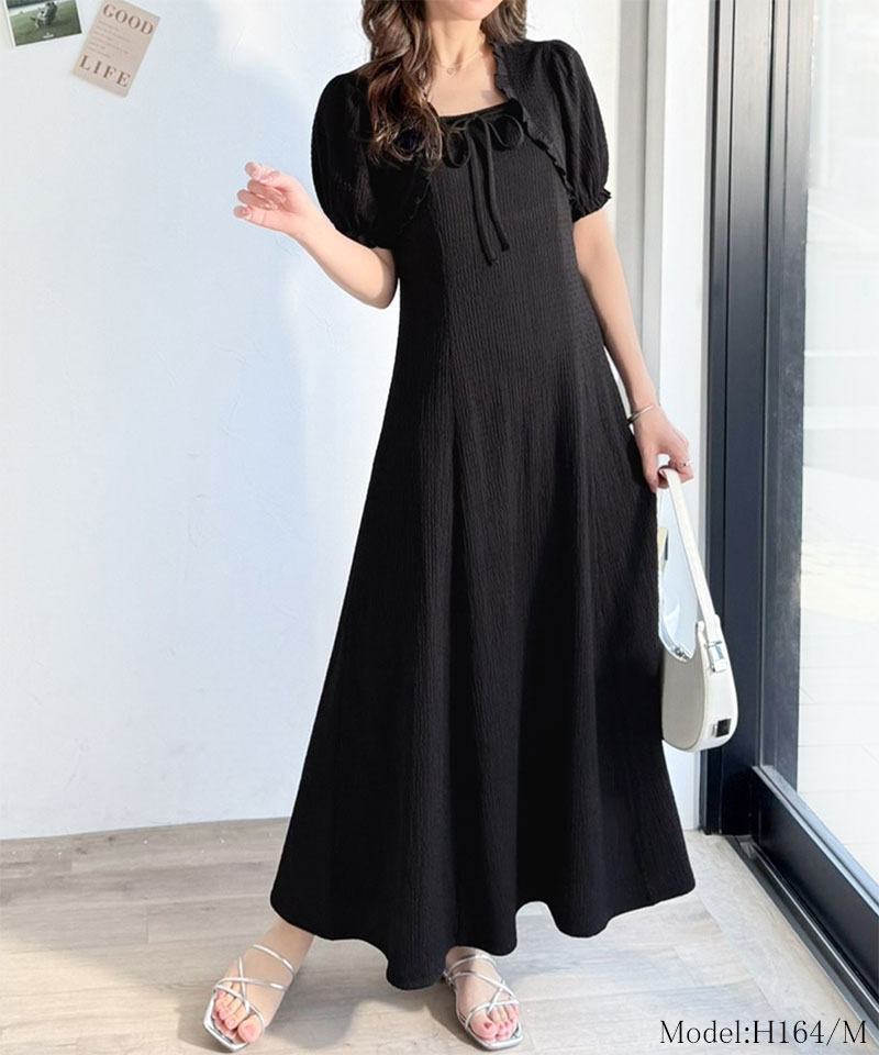 【mily bilet】 ワンピース レディース 春夏 ボレロ 風 レイヤード スタイルアップ リボン 付き パフスリーブ ドッキング ワンピ ロング丈 大きいサイズ | classicalelf | 02