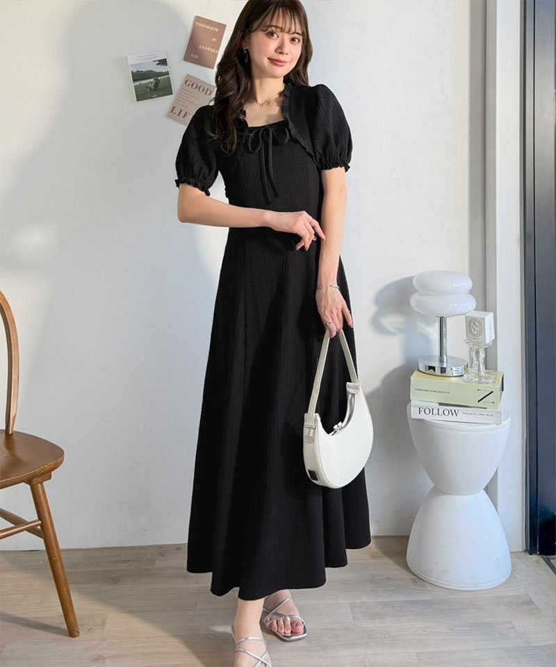 【mily bilet】 ワンピース レディース 春夏 ボレロ 風 レイヤード スタイルアップ リボン 付き パフスリーブ ドッキング ワンピ ロング丈 大きいサイズ | classicalelf | 03