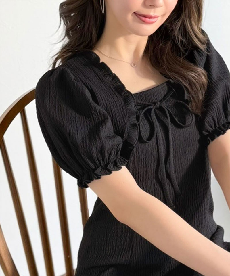 【mily bilet】 ワンピース レディース 春夏 ボレロ 風 レイヤード スタイルアップ リボン 付き パフスリーブ ドッキング ワンピ ロング丈 大きいサイズ | classicalelf | 05