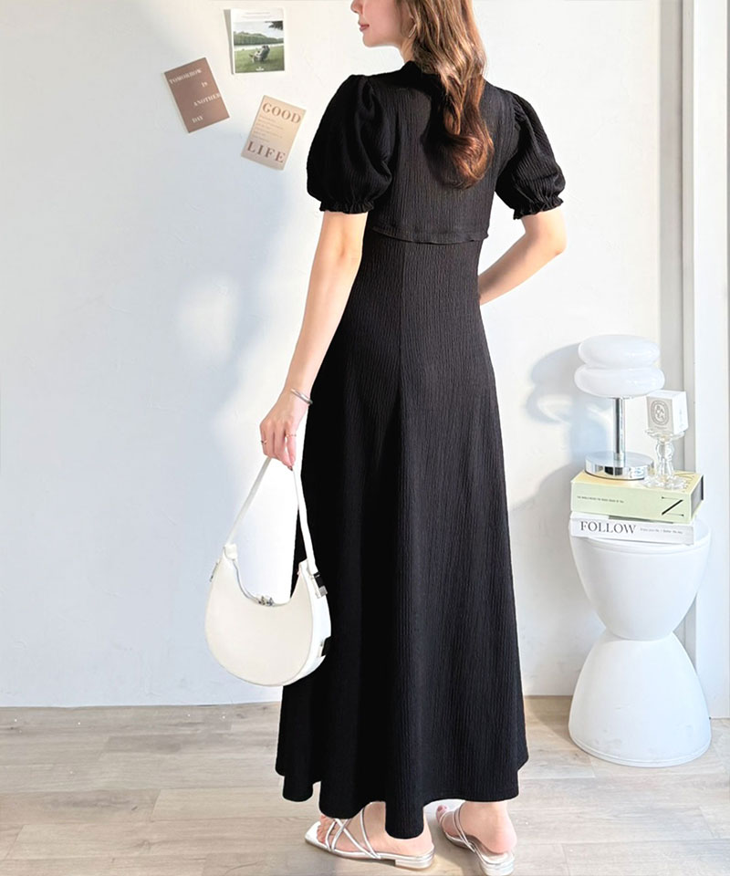 【mily bilet】 ワンピース レディース 春夏 ボレロ 風 レイヤード スタイルアップ リボン 付き パフスリーブ ドッキング ワンピ ロング丈 大きいサイズ | classicalelf | 06