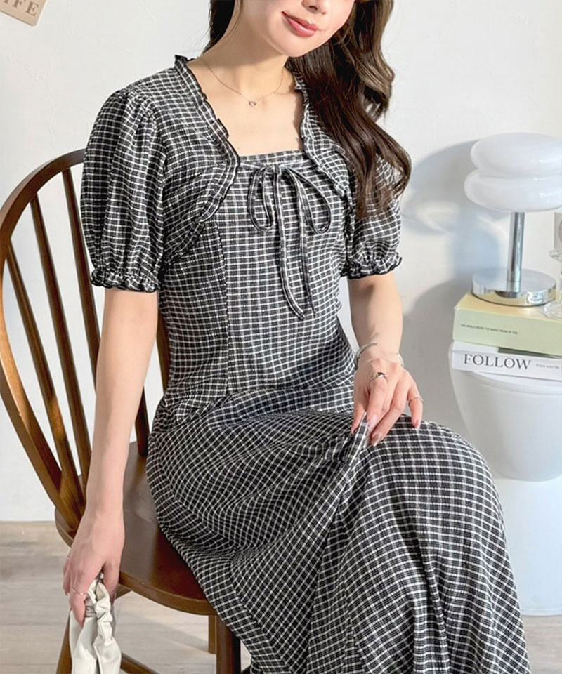 【mily bilet】 ワンピース レディース 春夏 ボレロ 風 レイヤード スタイルアップ リボン 付き パフスリーブ ドッキング ワンピ ロング丈 大きいサイズ | classicalelf | 08