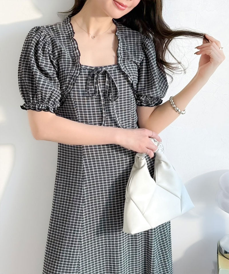 【mily bilet】 ワンピース レディース 春夏 ボレロ 風 レイヤード スタイルアップ リボン 付き パフスリーブ ドッキング ワンピ ロング丈 大きいサイズ | classicalelf | 11