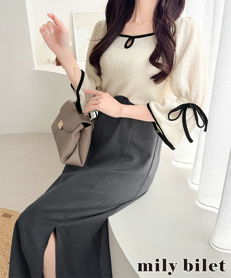 【 mily bilet 】ワンピース レディース 袖 リボン 付き 配色 パイピング 異素材 ドッキ | classicalelf