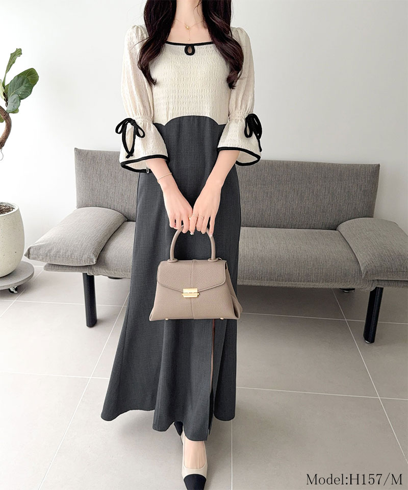 【 mily bilet 】ワンピース レディース 袖 リボン 付き 配色 パイピング 異素材 ドッキ | classicalelf | 02