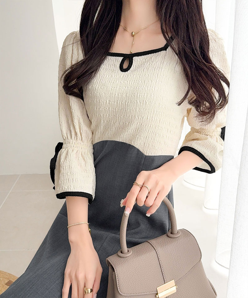 【 mily bilet 】ワンピース レディース 袖 リボン 付き 配色 パイピング 異素材 ドッキ | classicalelf | 04