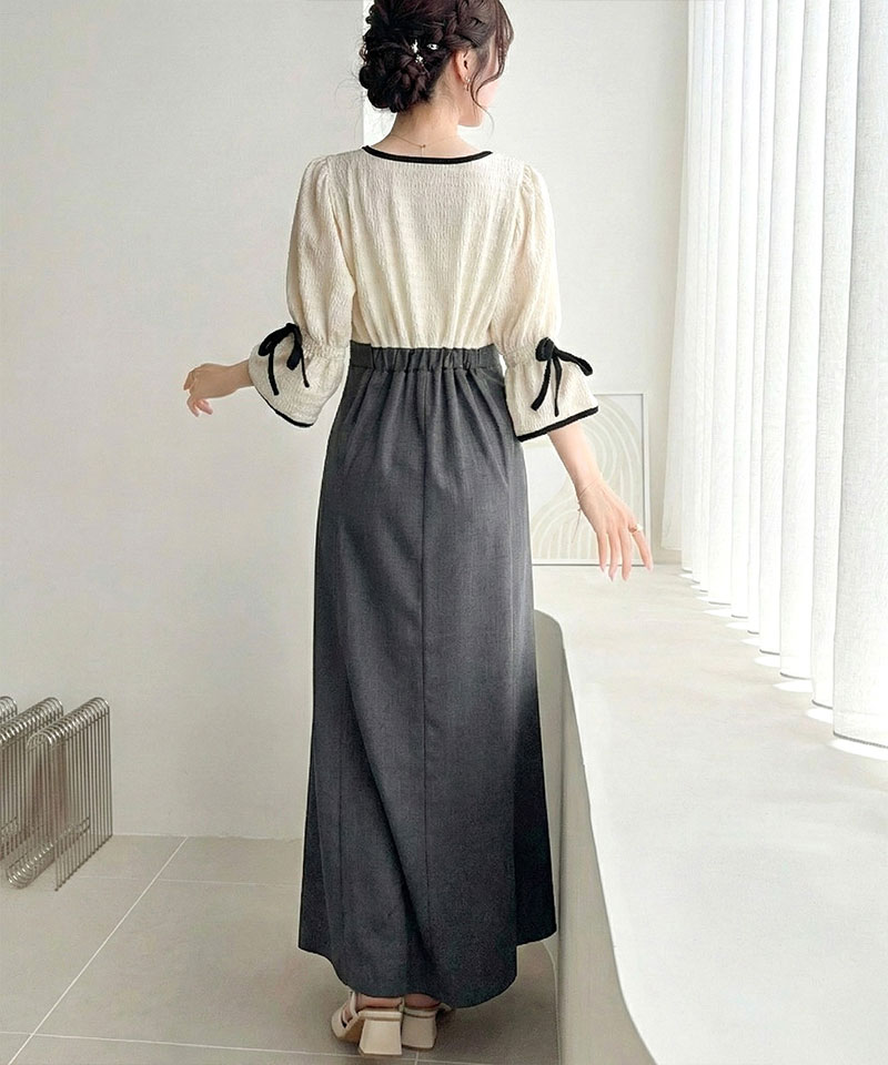 【 mily bilet 】ワンピース レディース 袖 リボン 付き 配色 パイピング 異素材 ドッキ | classicalelf | 05