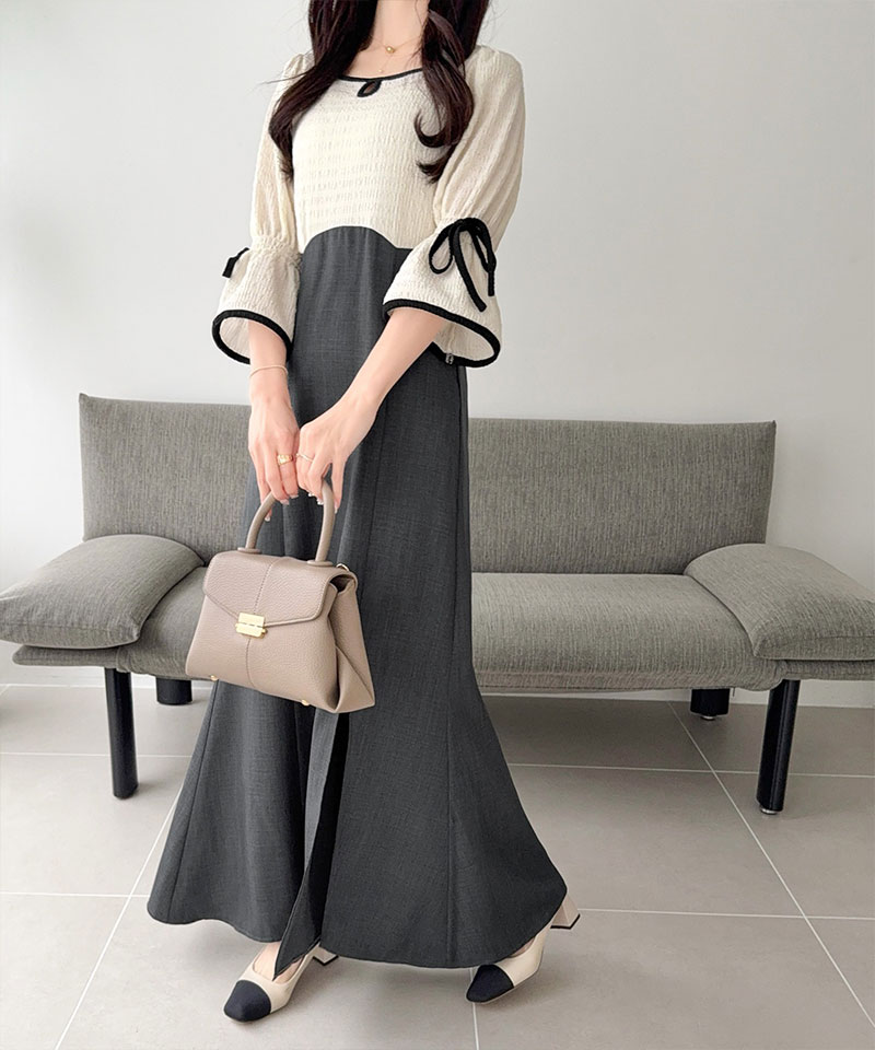 【 mily bilet 】ワンピース レディース 袖 リボン 付き 配色 パイピング 異素材 ドッキ | classicalelf | 06