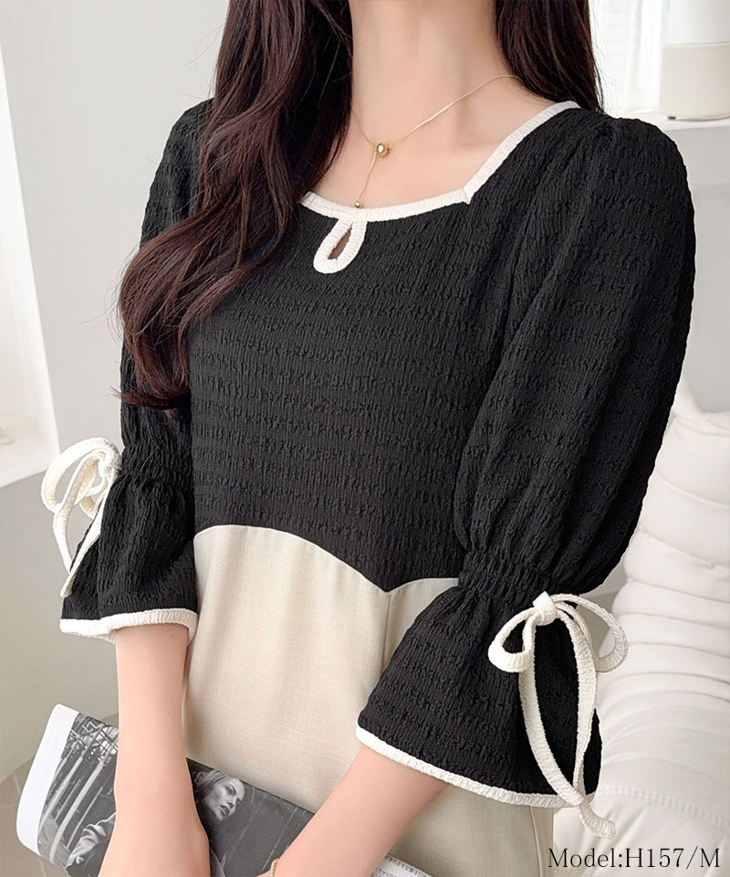 【 mily bilet 】ワンピース レディース 袖 リボン 付き 配色 パイピング 異素材 ドッキ | classicalelf | 07