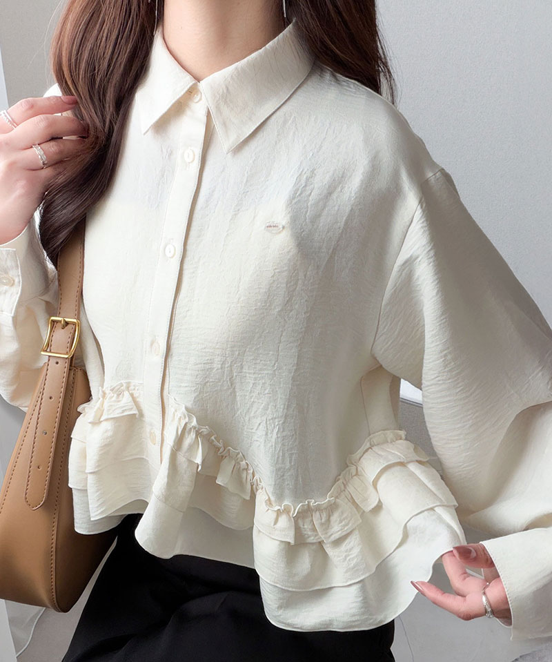 【mily bilet】 ブラウス レディース おしゃれ トップス 裾フリルブラウス 長袖 甘い エレガント 旬顔 華やか パウダー感 デシン素材 上品 カジュアル | classicalelf | 03