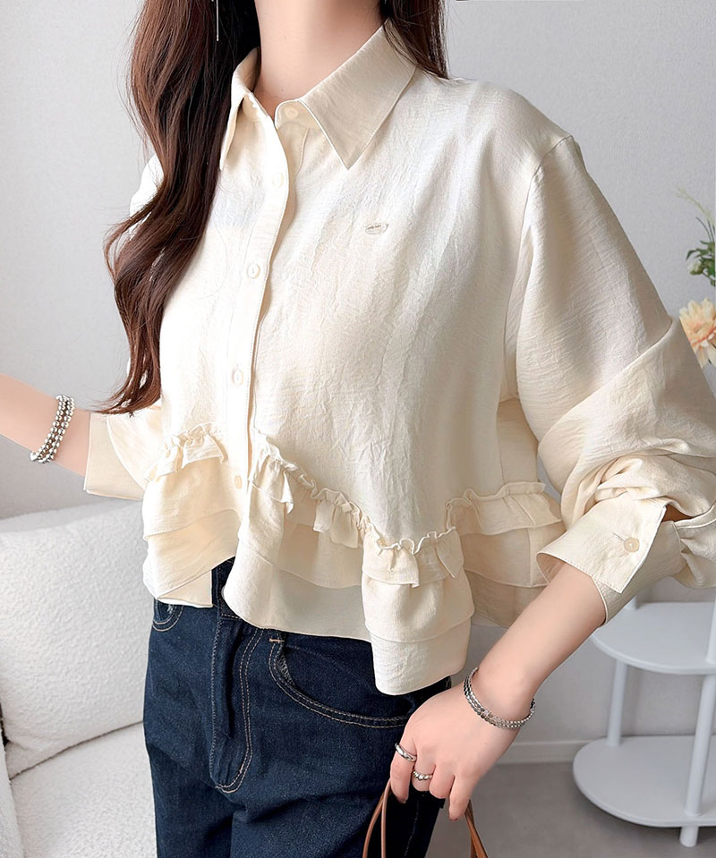 【mily bilet】 ブラウス レディース おしゃれ トップス 裾フリルブラウス 長袖 甘い エレガント 旬顔 華やか パウダー感 デシン素材 上品 カジュアル | classicalelf | 04
