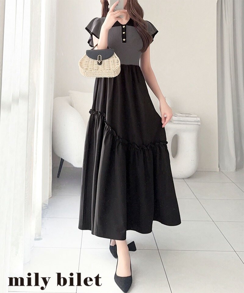 【mily bilet】ワンピース レディース 春 スタイルアップ ポロ 襟 ドッキング ワンピ 半袖 フォーマル カジュアル ロング フレアスカート 大きいサイズ | classicalelf