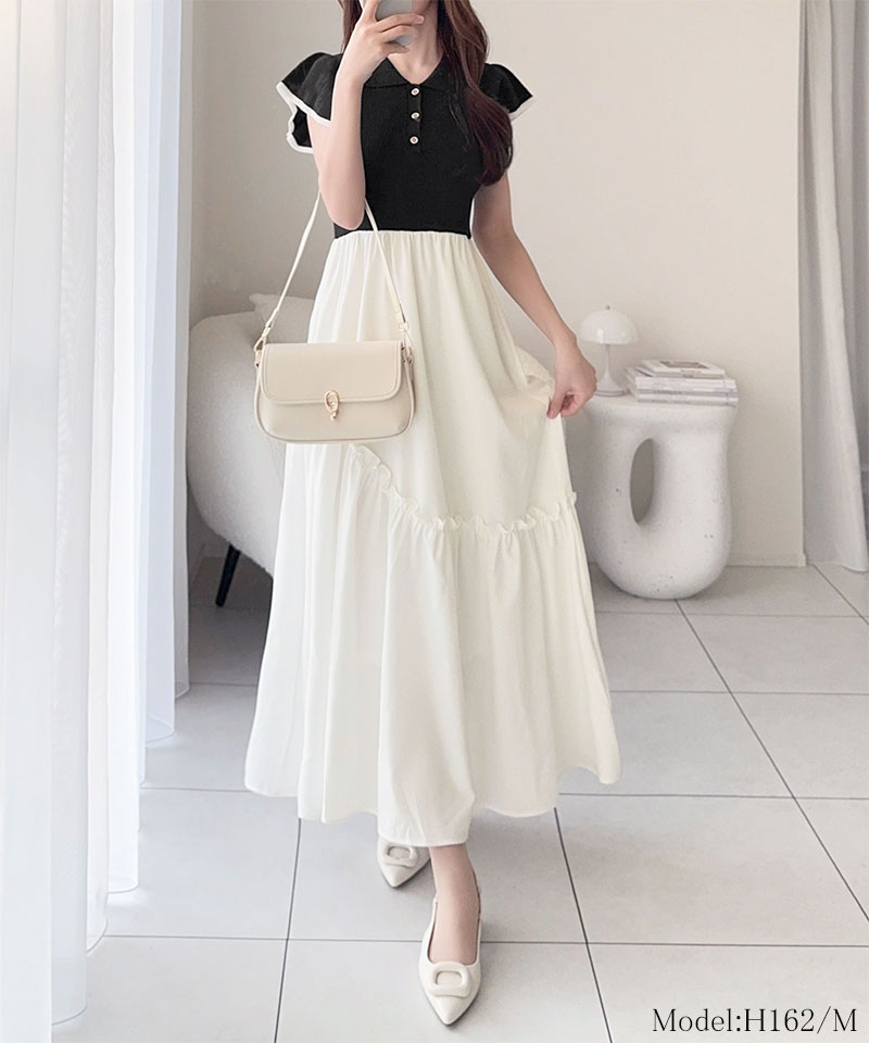 【mily bilet】ワンピース レディース 春 スタイルアップ ポロ 襟 ドッキング ワンピ 半袖 フォーマル カジュアル ロング フレアスカート 大きいサイズ | classicalelf | 02