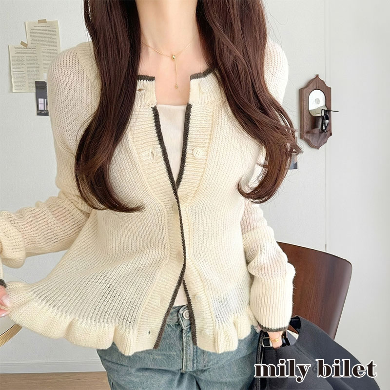 【mily bilet】 カーディガン レディース 春夏 トップス ニット レイヤードスタイル 長袖 裾フリル バイカラー 大人可愛い シアー素材 軽やか | classicalelf