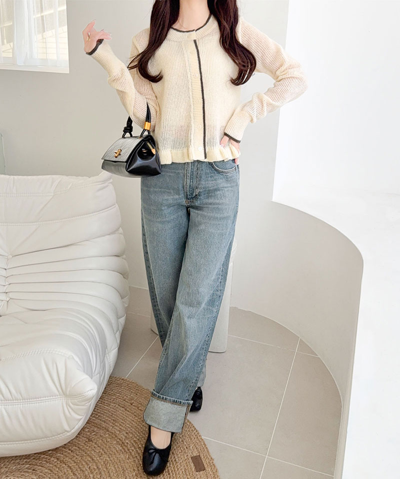 【mily bilet】 カーディガン レディース 春夏 トップス ニット レイヤードスタイル 長袖 裾フリル バイカラー 大人可愛い シアー素材 軽やか | classicalelf | 03