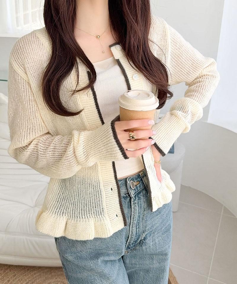 【mily bilet】 カーディガン レディース 春夏 トップス ニット レイヤードスタイル 長袖 裾フリル バイカラー 大人可愛い シアー素材 軽やか | classicalelf | 04