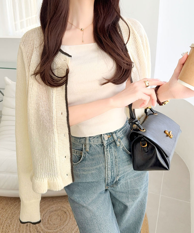 【mily bilet】 カーディガン レディース 春夏 トップス ニット レイヤードスタイル 長袖 裾フリル バイカラー 大人可愛い シアー素材 軽やか | classicalelf | 05