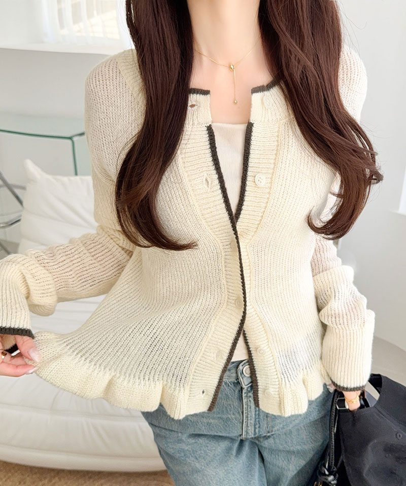 【mily bilet】 カーディガン レディース 春夏 トップス ニット レイヤードスタイル 長袖 裾フリル バイカラー 大人可愛い シアー素材 軽やか | classicalelf | 06