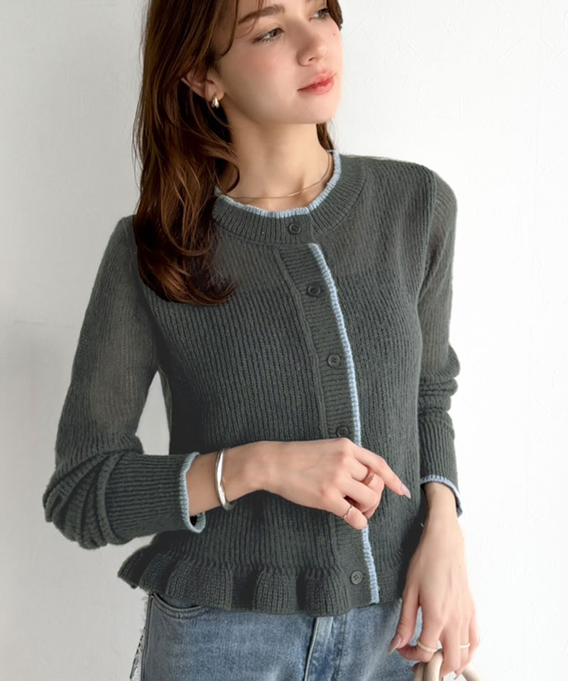 【mily bilet】 カーディガン レディース 春夏 トップス ニット レイヤードスタイル 長袖 裾フリル バイカラー 大人可愛い シアー素材 軽やか | classicalelf | 08