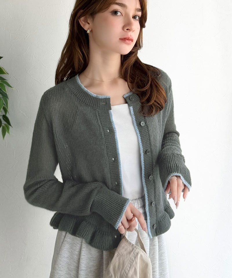 【mily bilet】 カーディガン レディース 春夏 トップス ニット レイヤードスタイル 長袖 裾フリル バイカラー 大人可愛い シアー素材 軽やか | classicalelf | 09