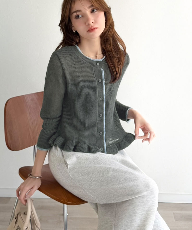 【mily bilet】 カーディガン レディース 春夏 トップス ニット レイヤードスタイル 長袖 裾フリル バイカラー 大人可愛い シアー素材 軽やか | classicalelf | 10