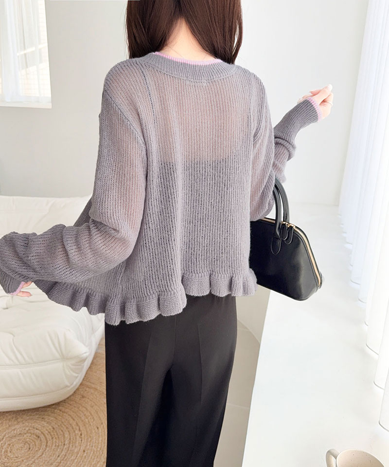 【mily bilet】 カーディガン レディース 春夏 トップス ニット レイヤードスタイル 長袖 裾フリル バイカラー 大人可愛い シアー素材 軽やか | classicalelf | 15