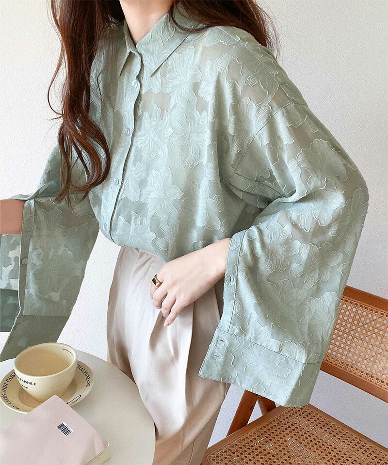 【mily bilet】トップス シャツ レディース ブラウス シアー ジャガード 花柄 2way 袖スリット スリットスリーブ オーバーサイズ 羽織り | classicalelf | 04
