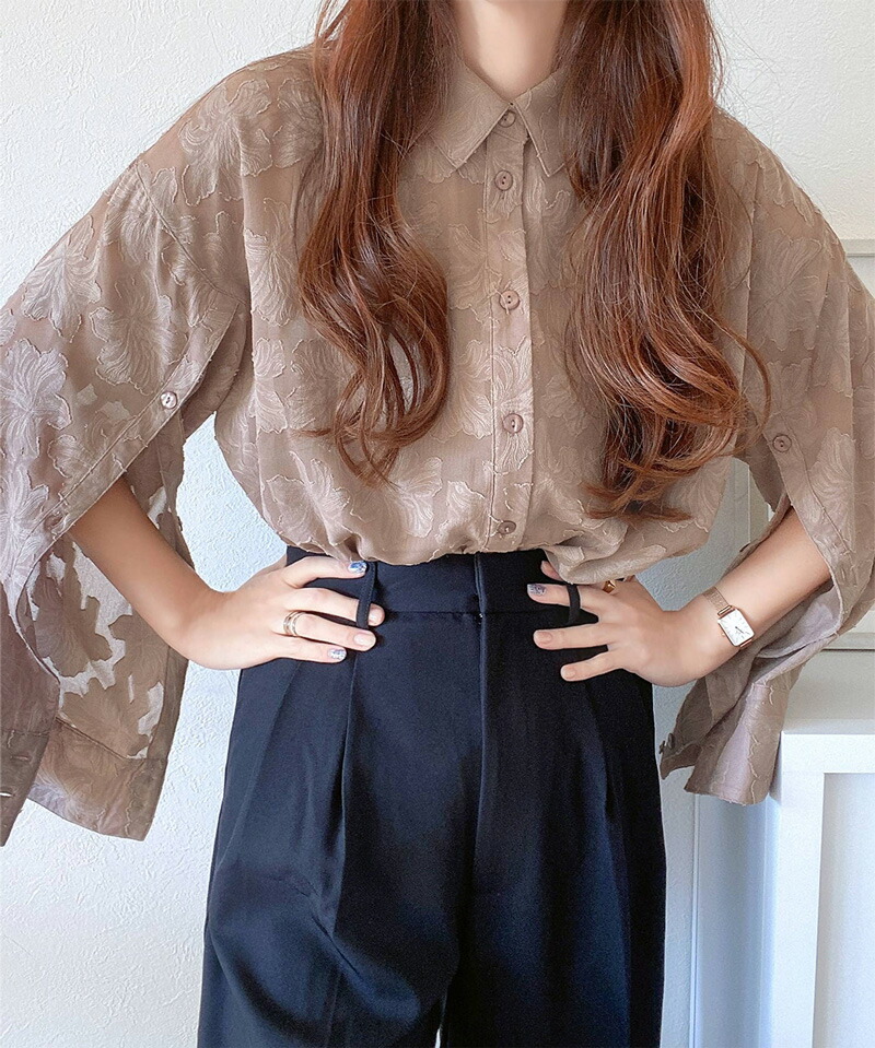 【mily bilet】トップス シャツ レディース ブラウス シアー ジャガード 花柄 2way 袖スリット スリットスリーブ オーバーサイズ 羽織り | classicalelf | 13