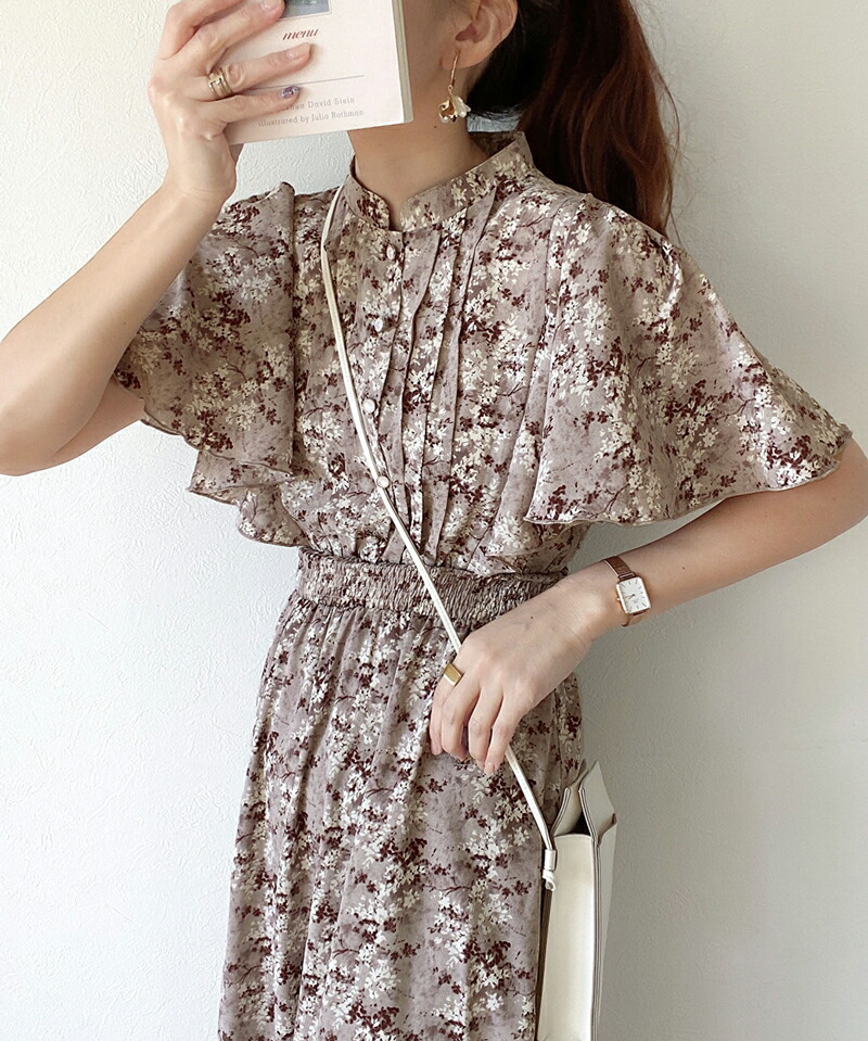 【mily bilet】ワンピース レディース レトロ 小花柄 ボリューム フレア袖 軽やか さらっと 肌触り ゆったり ウエストゴム | classicalelf | 13